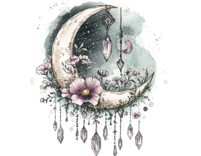 May include: A watercolor painting of a crescent moon with delicate flowers and hanging crystals. The moon is painted in shades of beige and white, with a soft, ethereal glow. The flowers are a soft pink and purple, and the crystals are clear and sparkling. The background is a soft, watercolor wash of blue and green.