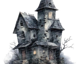 Haunted Mansion Clipart, 12x Spooky House PNG, Printable Watercolor Clip Art, Digital Download, Transparent PNG, Halloween Junk Journal Art