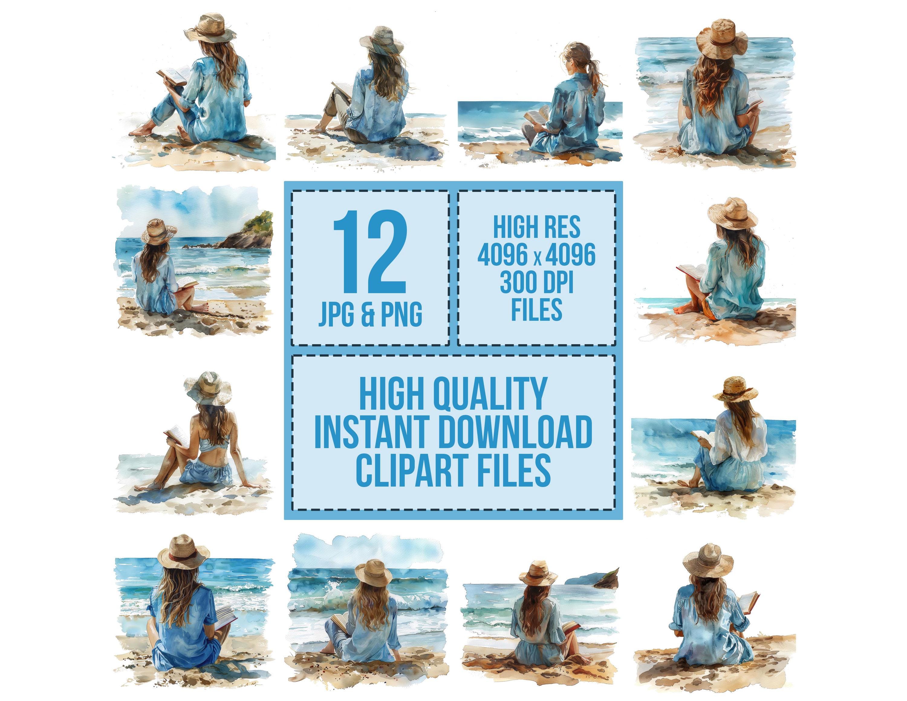 Beach Reading PNG Clipart, 12x Woman Reading on Beach Art Set ...