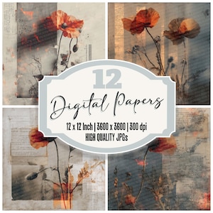 12x Invert Poppy Junk Journal Paper Scriptburn Digital Paper Pack Grunge Floral Texture High Quality JPGs Scrapbook Paper Download