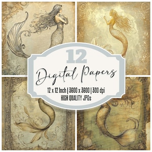 12x Jugendstil Meerjungfrau Junk Journal Papier Vintage Ocean Digitales Papier Pack Jugendstil Hintergründe Hochwertige JPGs Sammelalbum Download