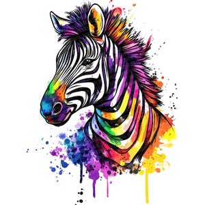 Puede incluir: Ilustración colorida de la cabeza de una cebra. Las rayas de la cebra son blancas y negras, con un arcoíris de colores en la cara, la melena y el cuello. Salpicaduras de pintura en tonos azules, morados, amarillos y naranjas rodean a la cebra.
