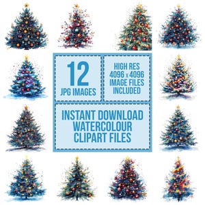 12 Christmas Tree Clipart, Watercolor Holiday Clipart, Printable Christmas Images, Paper Crafts, Wall Art, Digital Download, Junk Journals