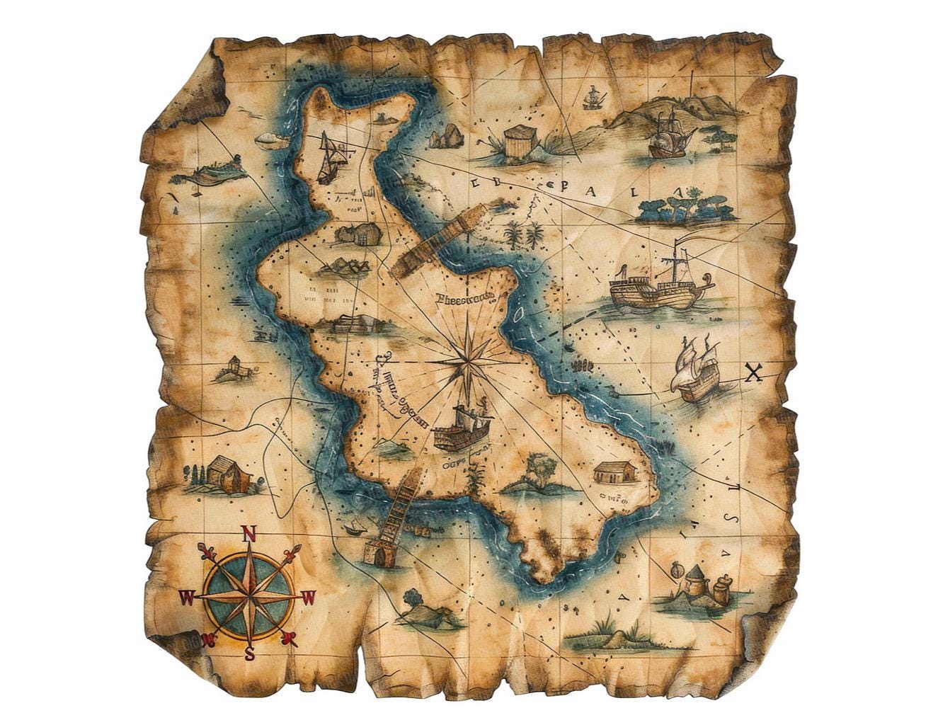 海賊地図のクリップアート、12枚のヴィンテージ宝の地図アートセット