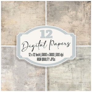 May include: Four digital paper designs with a distressed, textured appearance in shades of beige, gray, and white. The image includes a central label with the text "12 Digital Papers" and specifications for size and resolution.