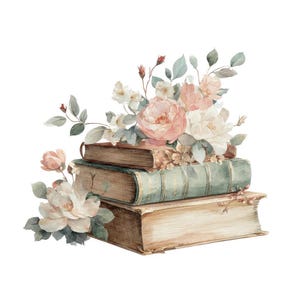 May include: Watercolor illustration of three stacked antique books adorned with a floral arrangement. The books have aged, textured covers in shades of brown and teal. The flowers are a mix of pink and white roses and other blossoms.