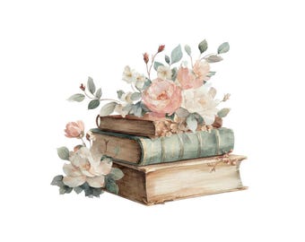 Puede incluir: Ilustración en acuarela de tres libros antiguos apilados, adornados con un arreglo floral. Los libros tienen cubiertas envejecidas y texturizadas en tonos marrón y verde azulado. Las flores son una mezcla de rosas rosas y blancas y otras flores.