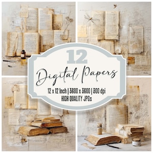 Paquete de 12 papeles digitales de collage de diario vintage con letras desgastadas, fondos efímeros, archivos JPG imprimibles de alta calidad.