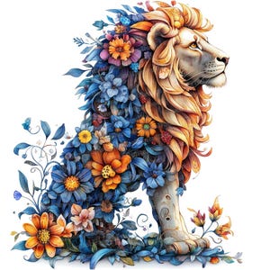 Clipart de leão, 12x Clipart de leão floral, Clipart de aquarela para impressão, Artesanato em papel, Arte de parede, Download digital, Diários de lixo, Artesanato em papel