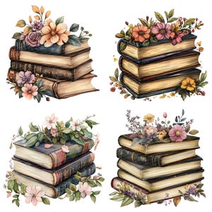 Floral Book Stack PNG Clip Art, 12x Books With Flowers Clipart Set ...