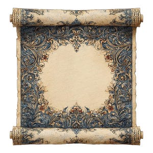 Puede incluir: Un pergamino antiguo con un centro color crema y un borde floral azul y dorado ornamentado. El pergamino está enrollado en la parte superior e inferior, revelando detalles intrincados. El diseño presenta una estética vintage, ideal para proyectos históricos o de fantasía.