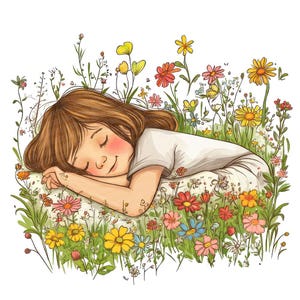 Clipart PNG bambino addormentato, set di 12 clip art prato di fiori selvatici, clip art acquerello stampabile, lavoretti di carta, download digitale, diario spazzatura