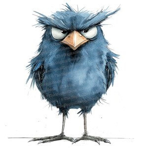 12x Quirky Bird Clip Art, Grumpy Blue Bird Watercolor, Printable ...