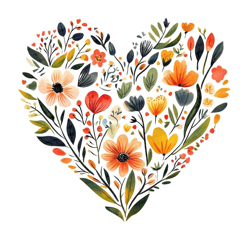 Puede incluir: Una ilustraci&oacute;n de acuarela de una forma de coraz&oacute;n hecha de varias flores y hojas en tonos de rojo, naranja, amarillo y verde.