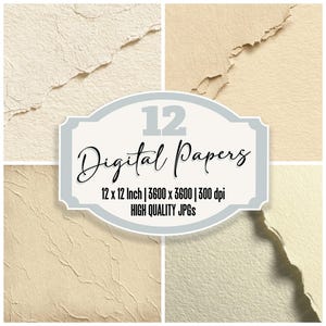 Peut inclure: Composition d'art numérique avec douze fonds de papier texturés dans des tons beige et crème. Une étiquette centrale indique "12 Digital Papers" avec les spécifications : 12 x 12 pouces, 3600 x 3600 et 300 dpi. Bords déchirés.