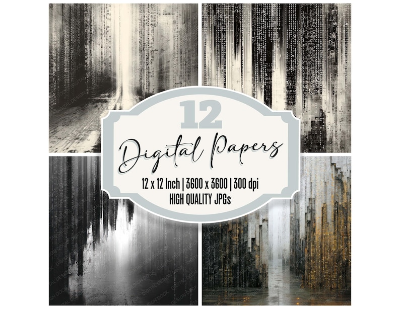 Peut inclure: Ensemble de 12 papiers num&eacute;riques avec des motifs abstraits en noir, blanc et or. Chaque papier mesure 30,48 cm x 30,48 cm, avec une r&eacute;solution de 3600 x 3600 pixels &agrave; 300 dpi. Le texte sur l'image indique "Digital Papers".