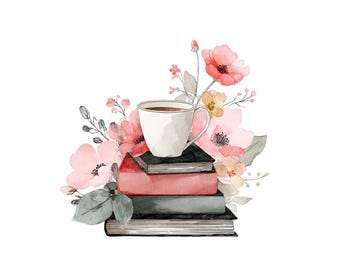 Books and Teacup PNG Clipart, 12x Floral Book Stack Art Set, Printable Watercolor Clip Art, Paper Crafts, Digital Download, Transparent PNG