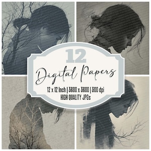 Paquete de 12 papeles digitales con siluetas de duelo, superposición de ramas, papel para diario basura, archivos JPG de alta calidad, textura emocional, papel para álbum de recortes
