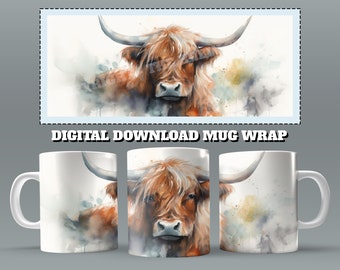 Highland Cow Mug Wrap, 11oz & 15 Oz Mug Sublimation Design, Watercolor Design, Mug Wrap, Cow Mug Sublimation, 11oz Mug Png, 15oz Mug PNG