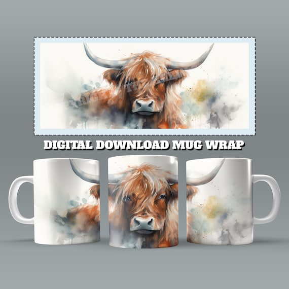 Highland Cow Mug Wrap, 11oz & 15 Oz Mug Sublimation Design, Watercolor Design, Mug Wrap, Cow Mug Sublimation, 11oz Mug Png, 15oz Mug PNG