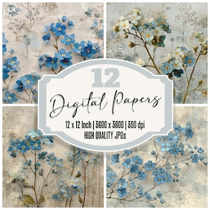 12x Blue Forget Paper Junk Journal Paper Digital Paper Pack Botanical Floral Backgrounds Scrapbook Paper Printable Paper High Quality JPGs