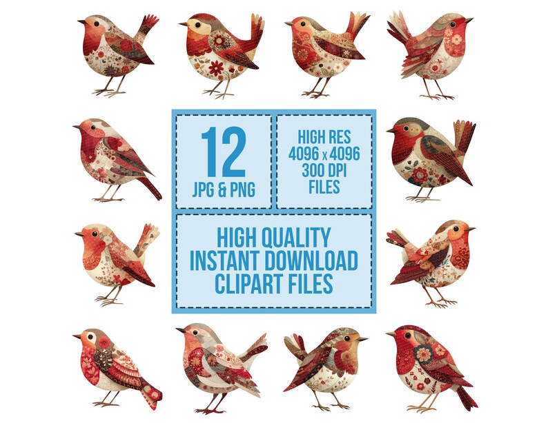 12x Christmas Robin PNG Clipart, Patchwork Bird Clip Art Set, Printable ...