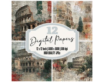 12x Rom Collage Junk Journal Papier Lateinische Skizze Digitales Papierpaket Marmorstruktur Hochwertige JPGs Vintage Reisehintergrund XYZ