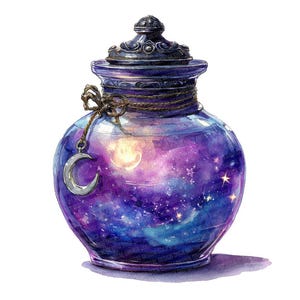 May include: A round, glass jar with a dark purple lid and a galaxy design inside. A silver crescent moon charm hangs from the jar. The jar is decorated with a rope and a dark purple lid.