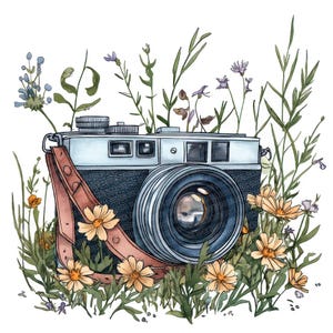 May include: Watercolor illustration of a vintage camera with a brown leather strap, surrounded by wildflowers and greenery. The camera is light blue and black, with a large lens. The flowers are yellow and purple.