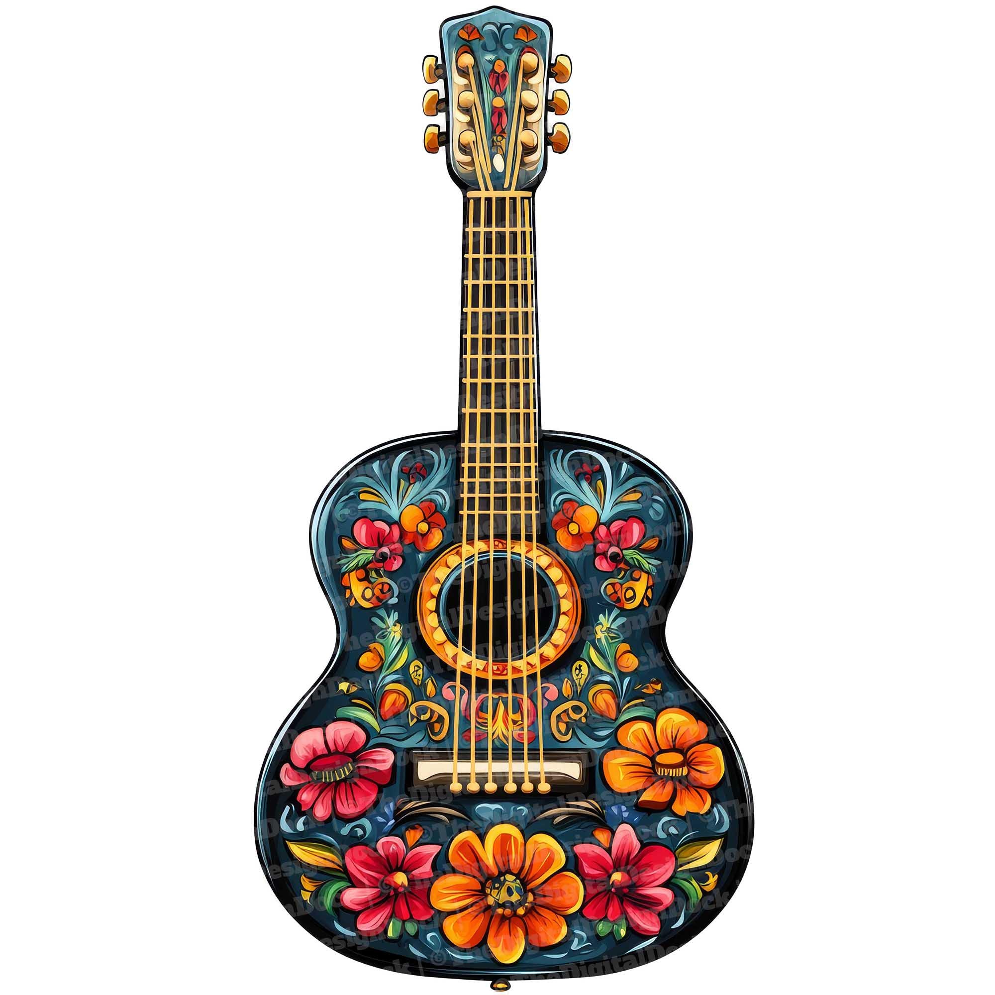 12 Floral Guitar Clipart, Mexican Folk Art Design, Printable