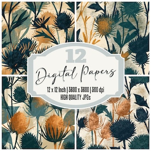 May include: A set of 12 digital papers with a floral theme. The designs feature stylized thistles and foliage in teal, gold, and cream. Each paper measures 30.48 x 30.48 cm and is 3600 x 3600 pixels at 300 dpi. The text reads "Digital Papers".