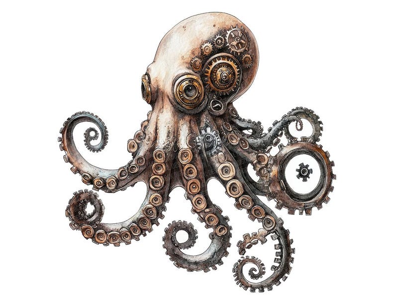 Steampunk Octopus PNG-clipart, 12 x mechanische Kraken-illustraties, afdrukbare aquarel koppotigen illustratie, Paper Crafts, digitale download afbeelding 6