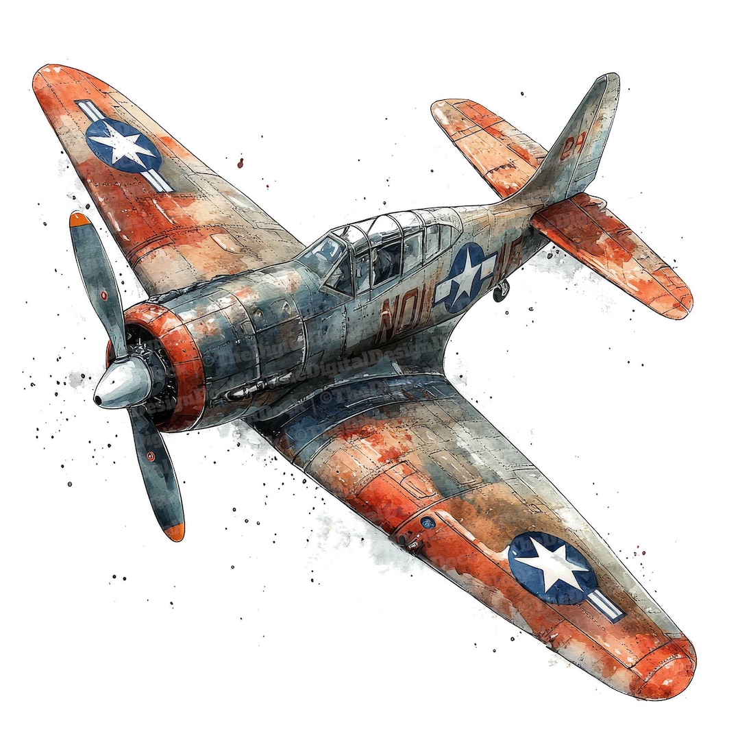 水彩画風戦闘機クリップアート12点、ビンテージ軍用機アート、印刷可能