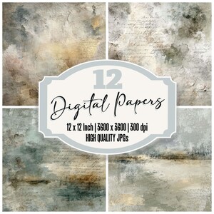 May include: A collage of four digital papers with textured, abstract designs in muted tones of gray, beige, and blue. The image includes a central label that reads "12 Digital Papers" with size and quality details.