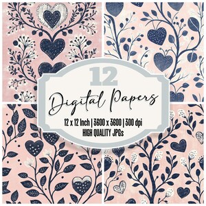 12x Rose Folk Herz Junk Journal Papier Digitales Papier Pack druckbare Hintergründe Scrapbook Papier hochwertige JPGs Vintage Style