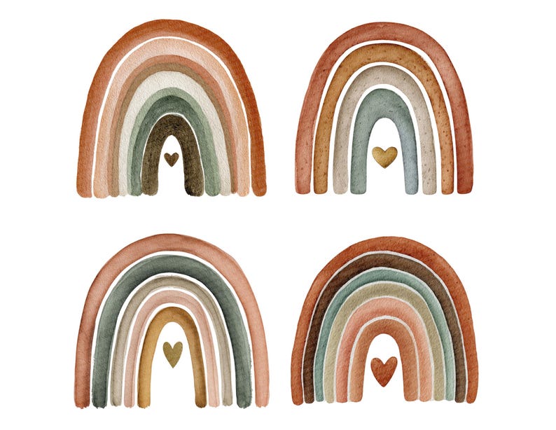 Boho Rainbow PNG Clip Art, 12x Earth Tone Watercolor Clipart Set ...