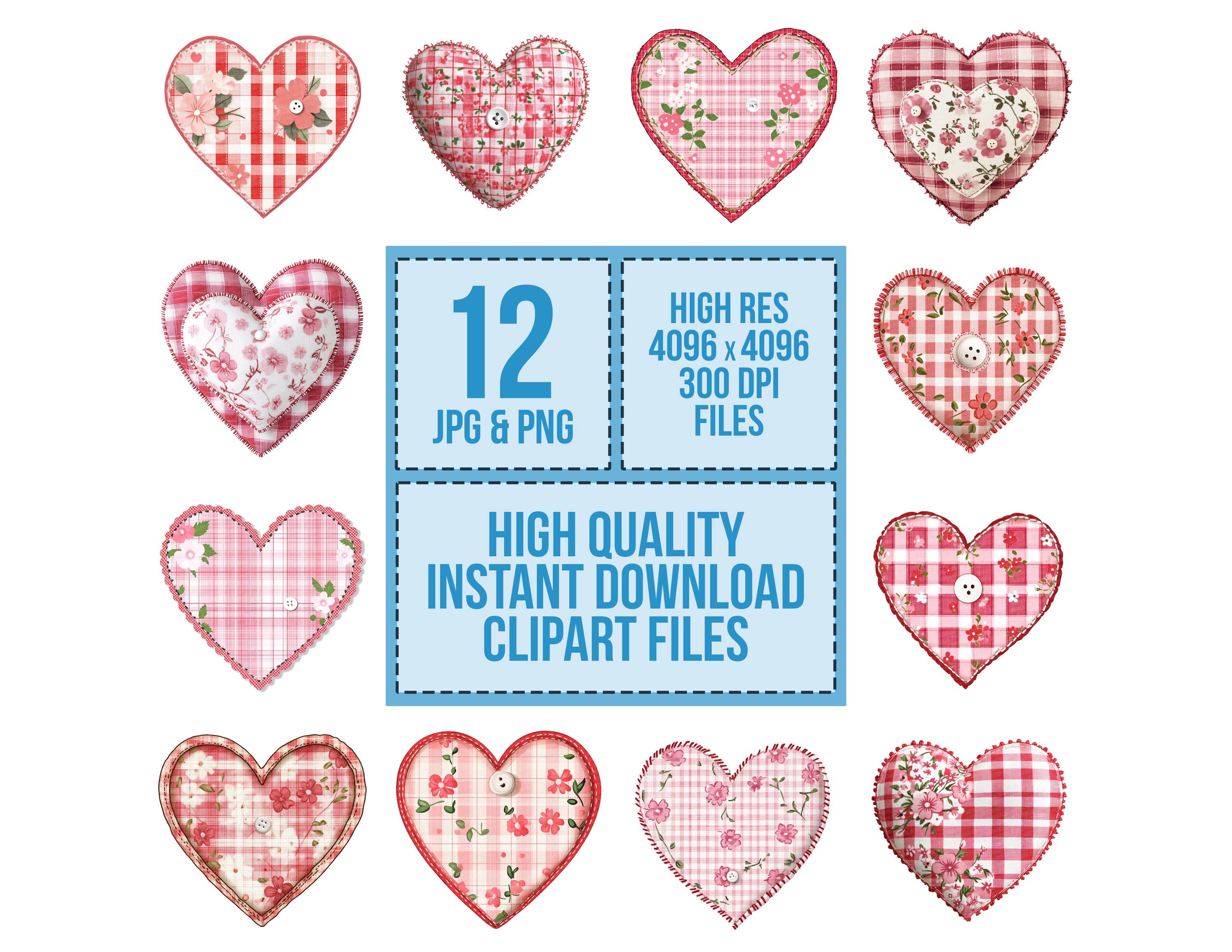 Fabric Heart PNG Clipart, 12x Patchwork Heart Clip Art Set, Printable ...