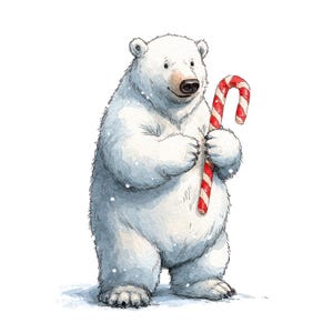 Christmas Polar Bear Clipart, 12 Watercolor Bears with Candy Canes PNG, Holiday Animal Clip Art, Printable Digital Download, Transparent PNG