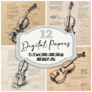 Pode incluir: Conjunto de 12 papéis digitais com ilustrações vintage de violinos em um fundo bege com texto escrito à mão. Cada papel mede 30,5 cm x 30,5 cm e 3600 pixels x 3600 pixels a 300 dpi.