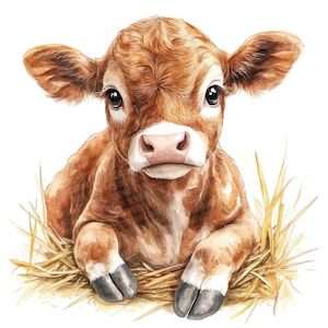 Baby Cow PNG Clipart, 12x Calf Watercolor Clip Art Set, Printable Farm Animal Clip Art, Paper Crafts, PNG Digital Download