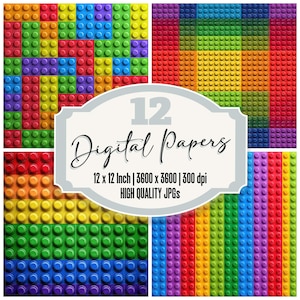 May include: A collection of 12 digital papers with a colorful building block design. Each paper features a different arrangement of the blocks in various colors, including red, orange, yellow, green, blue, and purple. The papers are 12 x 12 inches and high quality.