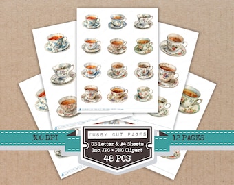 Traditional Tea Cup and Saucer Fussy Cut Sheets, 12x Printable Pages, Junk Journal Cut Outs, Card Making Ephemera, Print and Cut, Digital