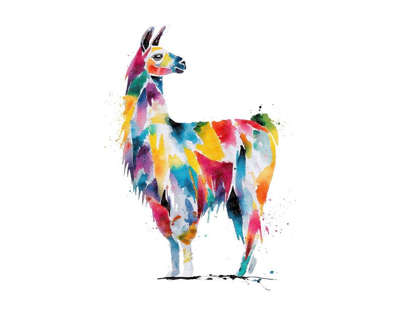 May include: A colorful watercolor painting of a llama. The llama is depicted in a standing pose, with a white background. The llama's fur is a mix of vibrant colors, including blue, yellow, pink, and green, creating a striking visual effect.