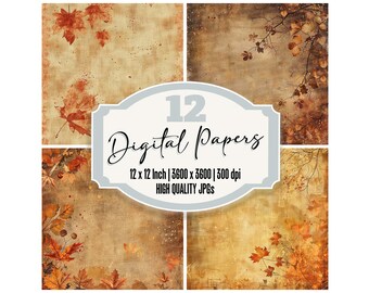 May include: Twelve digital papers featuring autumn leaves on a textured background. The papers are 12 inches by 12 inches and 3600 pixels by 3600 pixels at 300 dpi.  The papers are high quality JPGs.