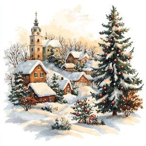 May include: Watercolor painting of a snow-covered village scene with a church and houses. A large Christmas tree with red ornaments stands to the right. The artwork evokes a festive holiday atmosphere.
