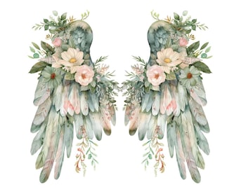Floral Angel Wings Clipart, 12x Wing with Flowers Clip Art Set, Printable Watercolor Clip Art, Digital Download, Transparent PNG Clipart