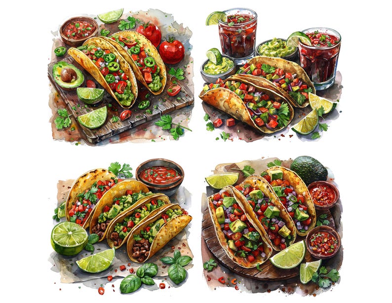Taco PNG Clipart, 12x Mexican Food Clip Art Set, Printable Watercolor Taco Clipart, Transparent PNG, Digital Download, Fiesta Party Decor image 5