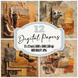 12x Camel Junk Journal Paper Desert Map Collage Carta Digitale Pacchetto Sfondi Terrosi JPG di Alta Qualità Carta per Scrapbook Texture Invecchiata