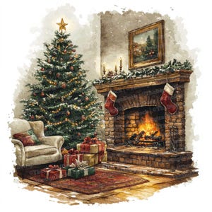 May include: Watercolour illustration of a festive Christmas scene. A decorated Christmas tree with a gold star stands beside a fireplace with stockings. Presents are under the tree and on a red rug. A painting hangs above the fireplace.
