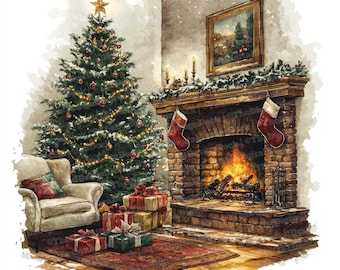12 Cozy Christmas Scene Clipart, Watercolor Holiday Fireplace Illustration, Printable Clipart,High Quality JPG,Digital Download,Paper Crafts